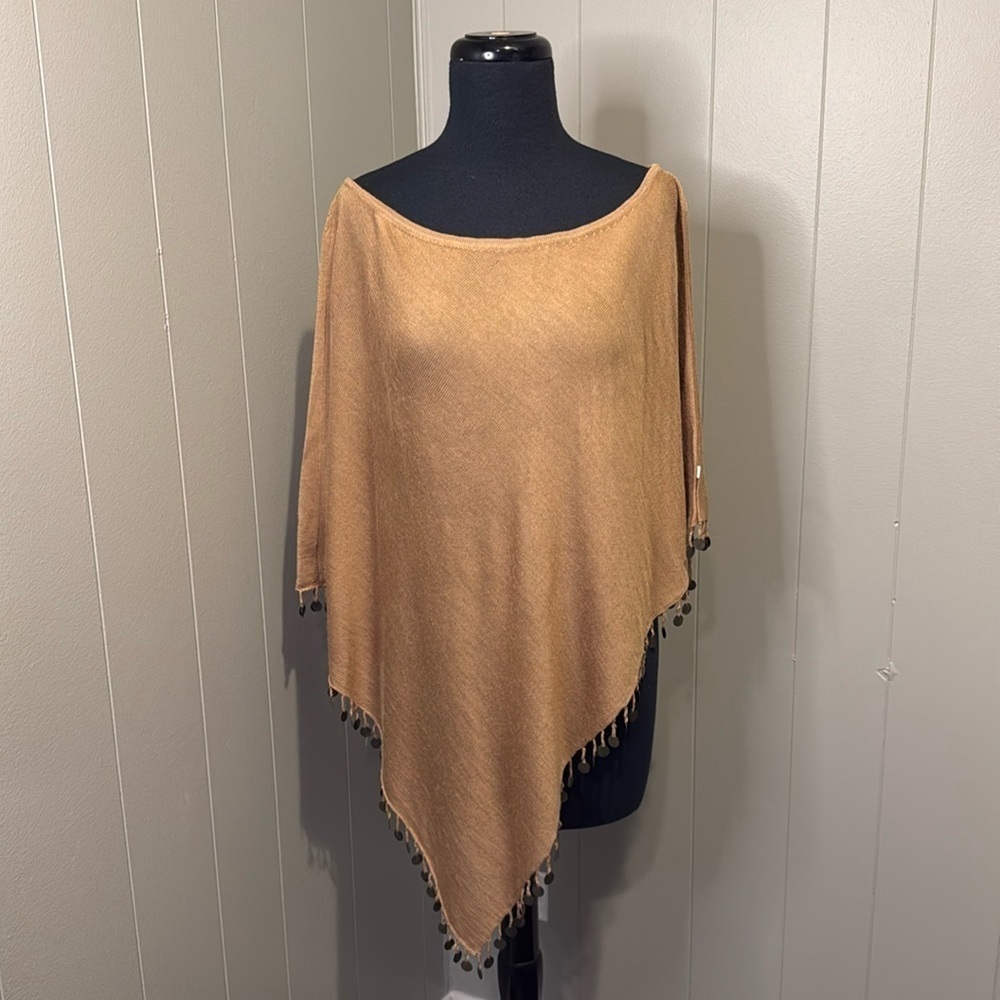 Vertigo Paris Women’s One Size Asymmetric Knit Poncho Trimmed Fringe Metal Disks
